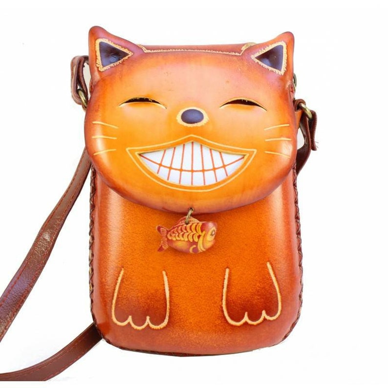 Handmade Genuine Leather Happy Cat Purse / Crossbody bag / phone bag /phone Purse
