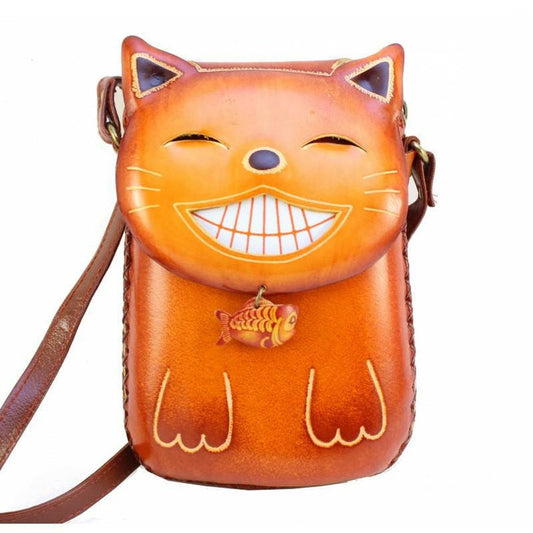 Handmade Genuine Leather Happy Cat Purse / Crossbody bag / phone bag /phone Purse