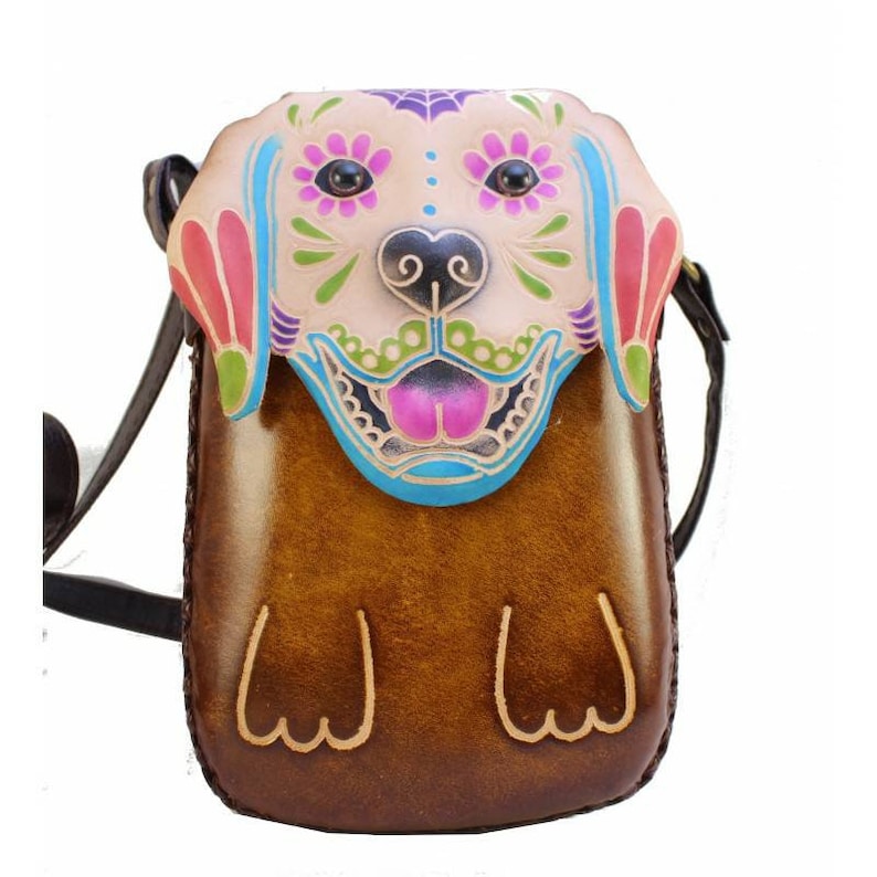 Handmade Genuine Leather Sugar Skull Dog Purse / Crossbody bag /phone bag/ phone purse