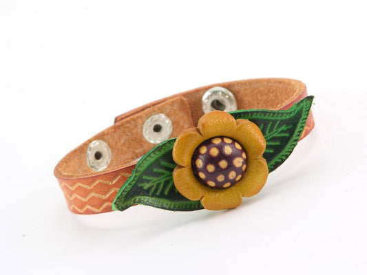 Handmade Genuine Leather Sunflower Bracelet - Original Design Wristband Floral Jewelry Leather Bracelet Christmas Bracelet