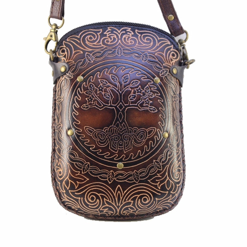 Handmade genuine leather tree of life purse / crossbody bag / shoulder bag / phone pouch / phone bag / mini bag available in multiple colors