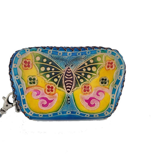 Genuine Handmade Leather Butterfly Wristlet / Coin Purse / Wallet/Painted Small Wallet/Card Holder/ Candy Pouch