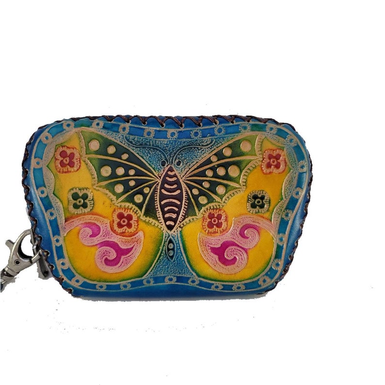 Genuine Handmade Leather Butterfly Wristlet / Coin Purse / Wallet/Painted Small Wallet/Card Holder/ Candy Pouch