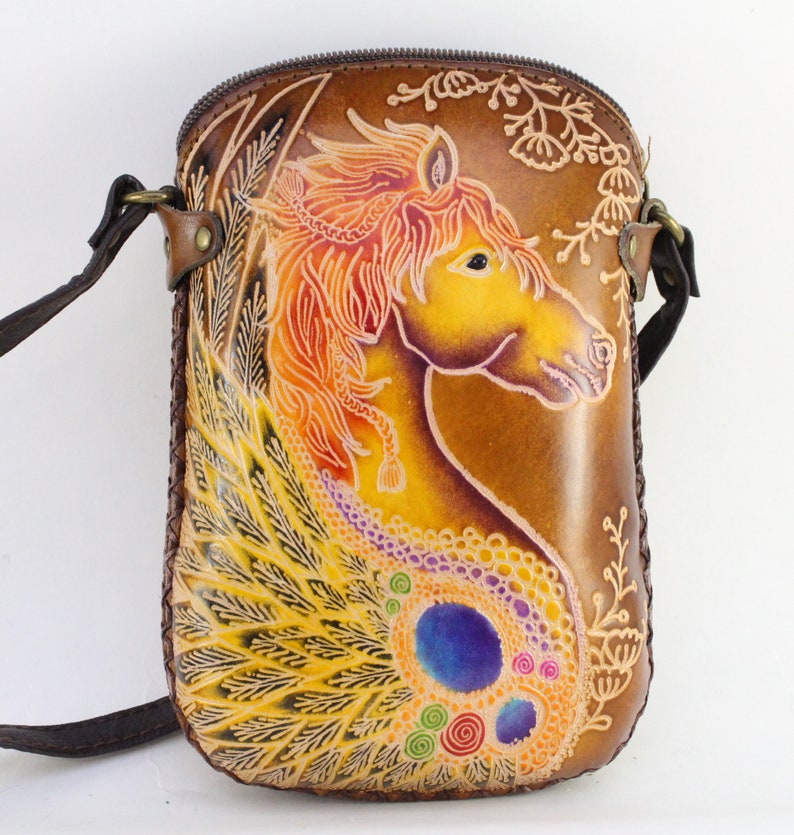 Genuine Handmade Leather Pegasus Crossbody Pouch phone bag Mini Sling Bag