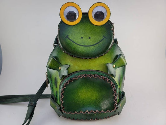 Genuine Leather Handmade Frog Backpack / Purse, Double-Shoulder Bag, Original Animal Bag, Cartoon Bag, Mini iPad Bag, Leather Carving Craft