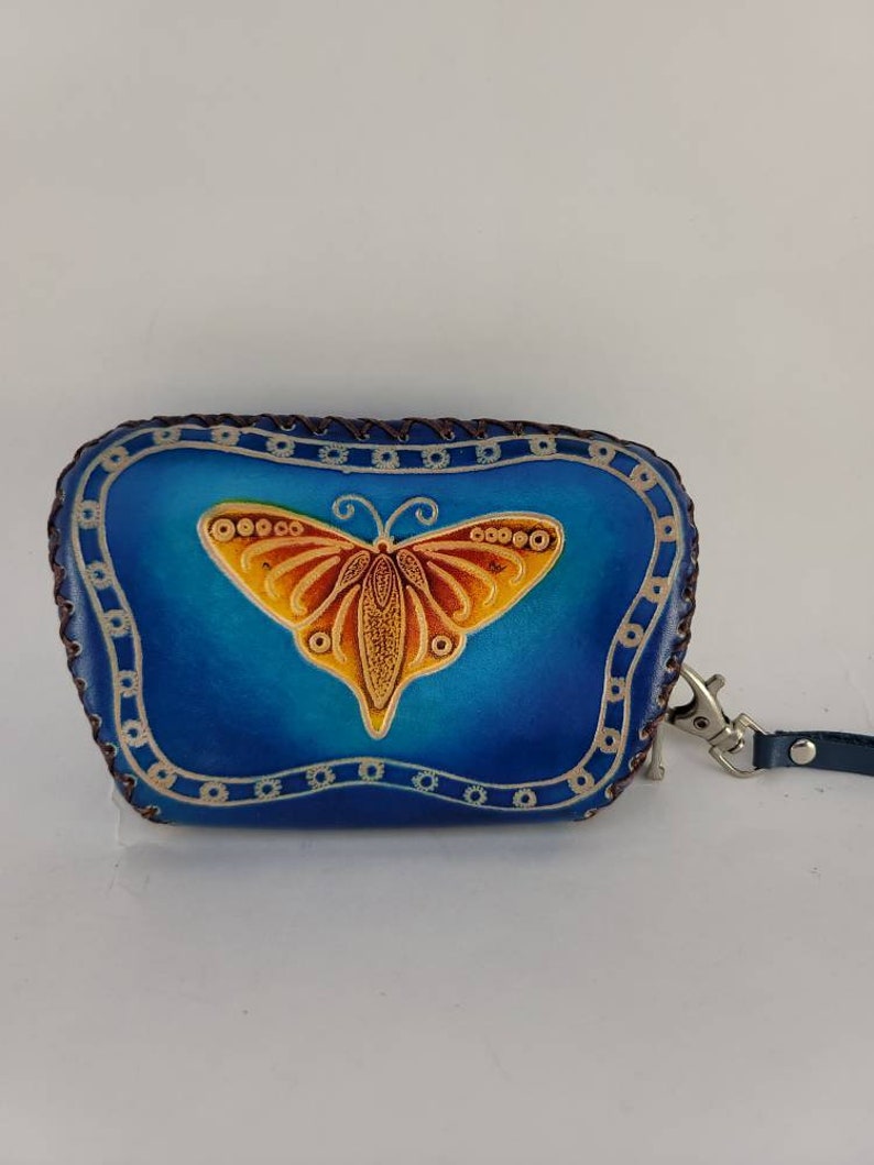 Genuine Handmade Leather Butterfly Wristlet / Coin Purse / Wallet/Painted Small Wallet/Card Holder/ Candy Pouch