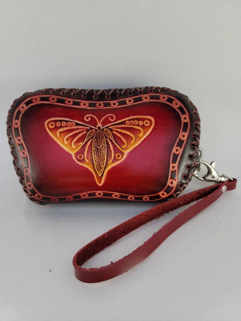 Genuine Handmade Leather Butterfly Wristlet / Coin Purse / Wallet/Painted Small Wallet/Card Holder/ Candy Pouch