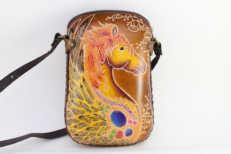 Genuine Handmade Leather Pegasus Crossbody Pouch phone bag Mini Sling Bag