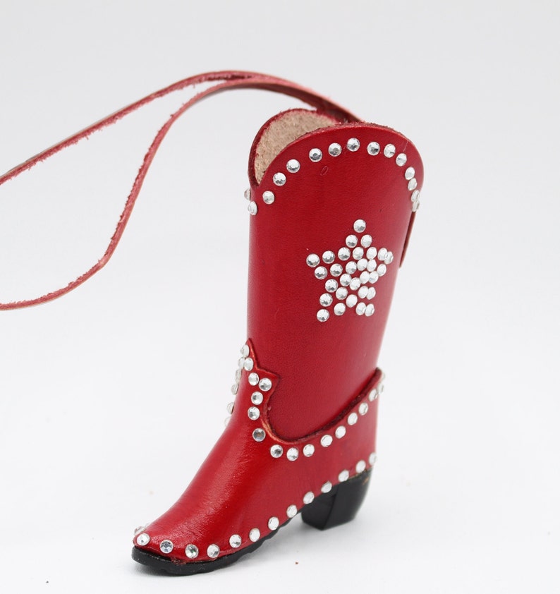 Genuine Handmade Leather Cowboy Boot Ornament with Rhinestones