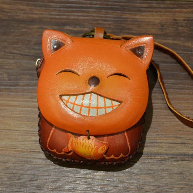 Genuine Handmade Leather Happy Cat Coin Purse / Wallet / Wristlet