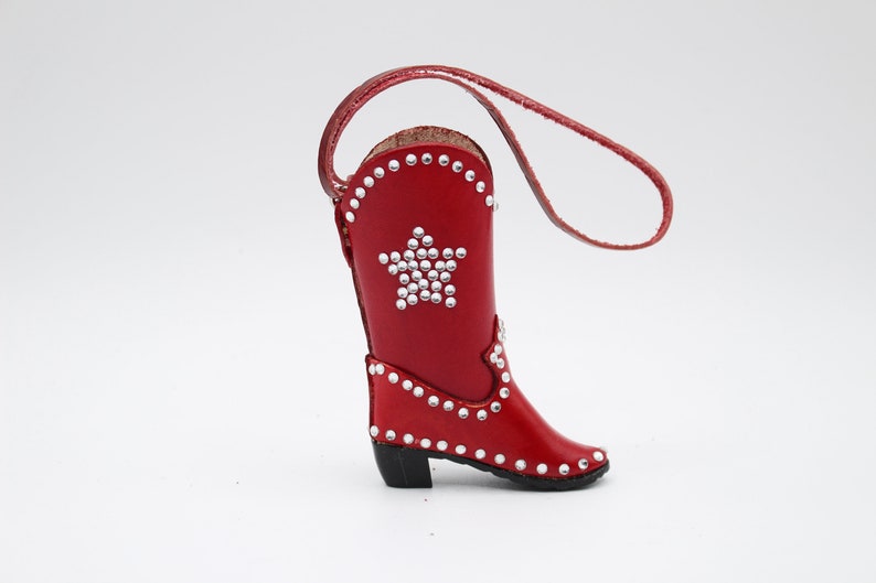 Genuine Handmade Leather Cowboy Boot Ornament with Rhinestones