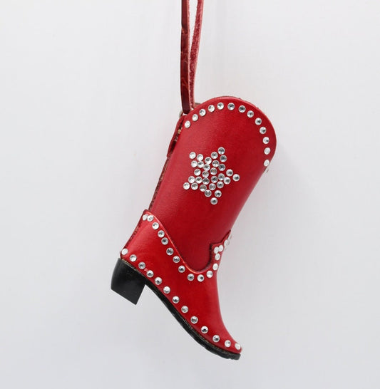 Genuine Handmade Leather Cowboy Boot Ornament with Rhinestones