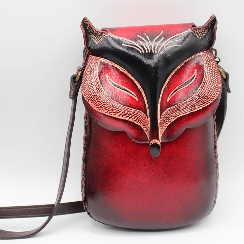 Genuine Handmade Leather Fox Crossbody Bag,Leather Purse,Fox Pattern Purse,Fox Pattern Bag,Animal-Leather Bags, Cartoon Phone Bag, Mini Bag