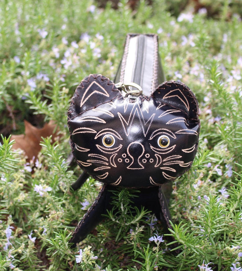 Genuine Handmade Leather Black Cat Purse / Shoulder Bag/Phone Bag/ Animal Cartoon Bag