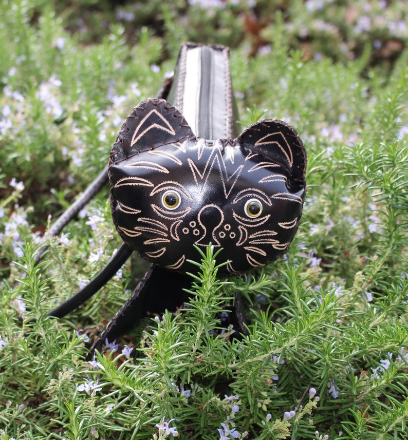Handmade leather black cat purse shoulder bag