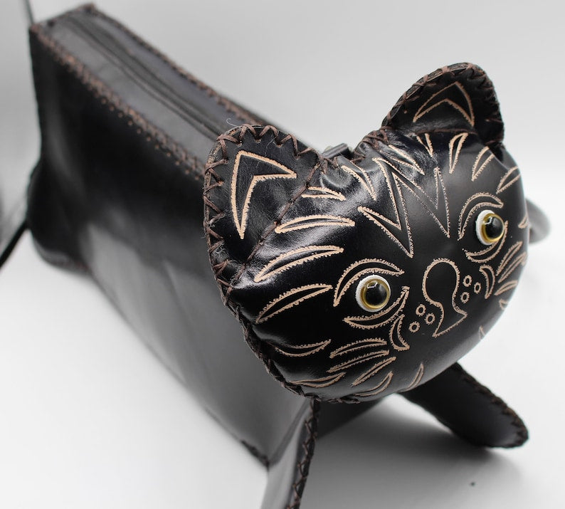 Genuine Handmade Leather Black Cat Purse / Shoulder Bag/Phone Bag/ Animal Cartoon Bag