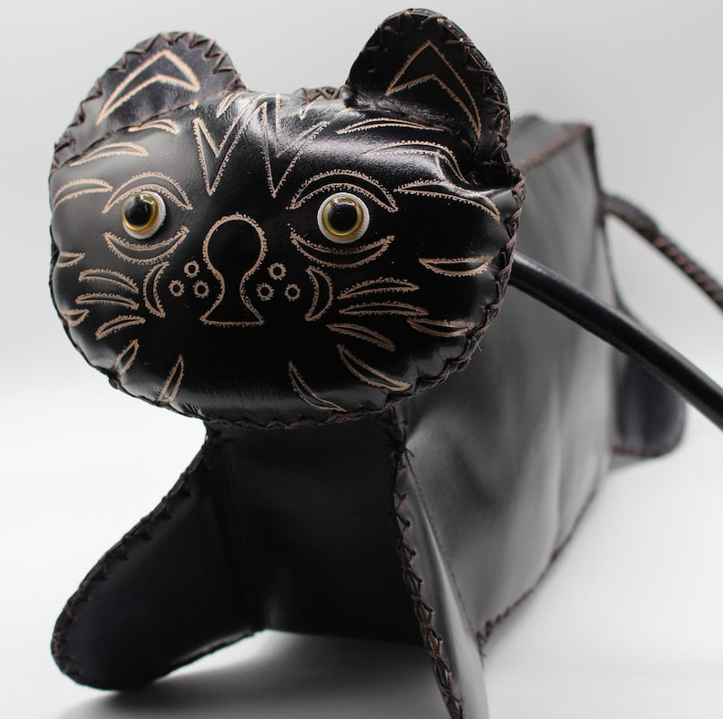 Handmade leather black cat purse shoulder bag