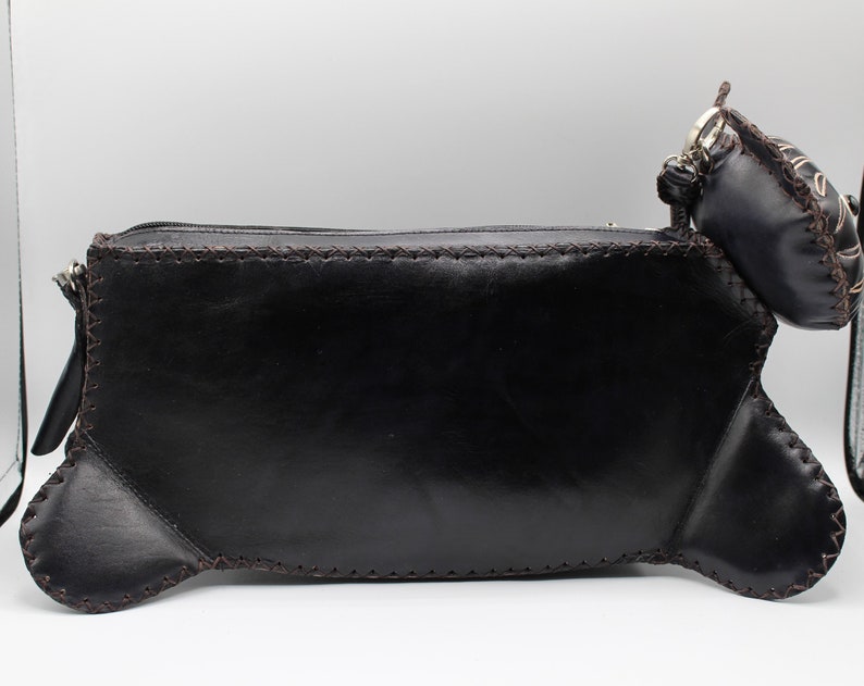 Handmade leather black cat purse shoulder bag