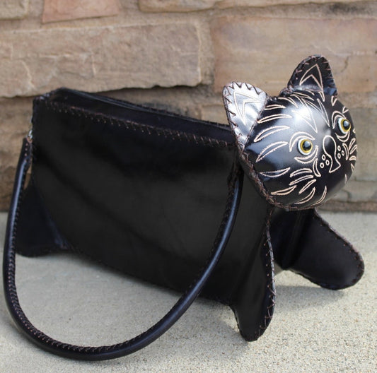 Genuine Handmade Leather Black Cat Purse / Shoulder Bag/Phone Bag/ Animal Cartoon Bag