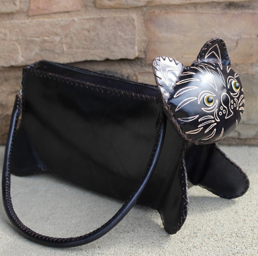 Handmade leather black cat purse shoulder bag