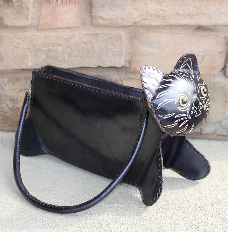Handmade leather black cat purse shoulder bag