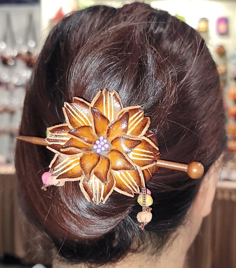 Genuine Handmade Leather Flower Hair Stick / Hair Clip - Hair Accessory, Ornament
