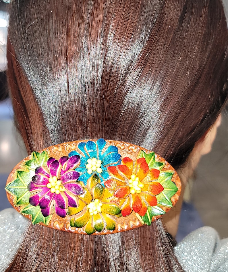 Genuine Handmade Leather Four-Flower Barrette with Stick/Clip