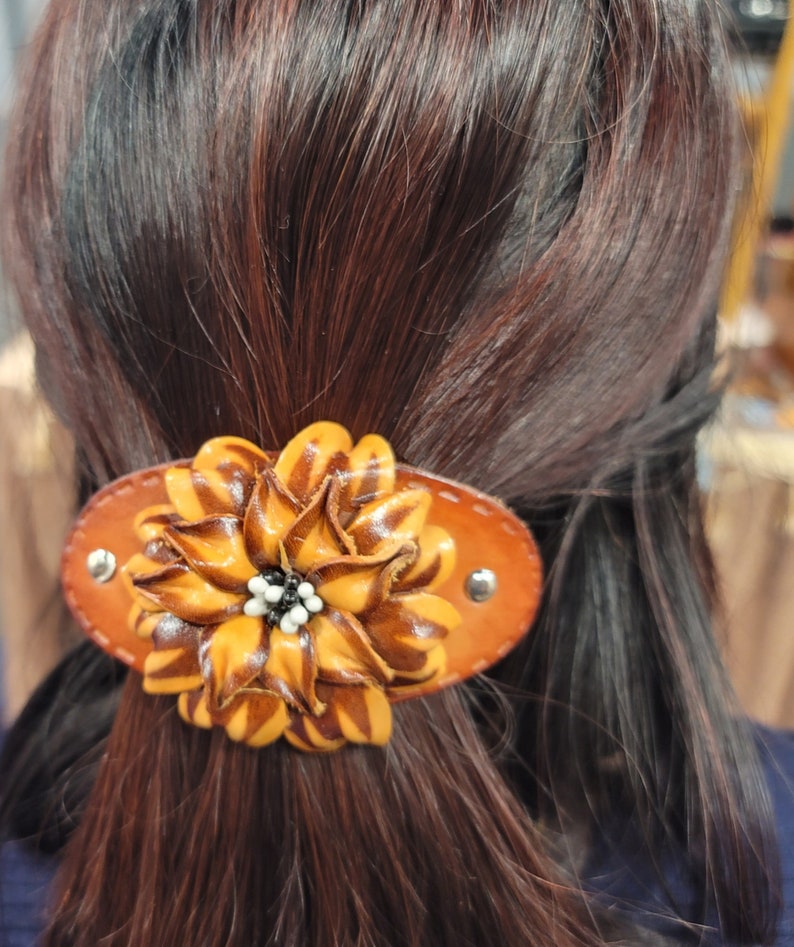 Genuine Handmade Leather Flower Barrette with Stick/Clip