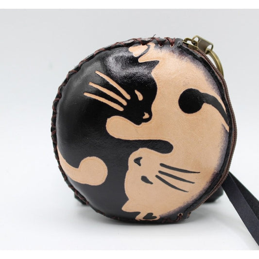 Genuine Handmade Leather Yin Yang Cat Wristlet / Coin Purse / Wallet