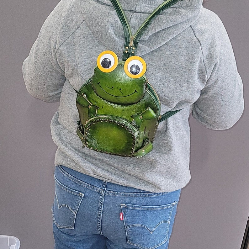 Genuine Leather Handmade Frog Backpack / Purse, Double-Shoulder Bag, Original Animal Bag, Cartoon Bag, Mini iPad Bag, Leather Carving Craft