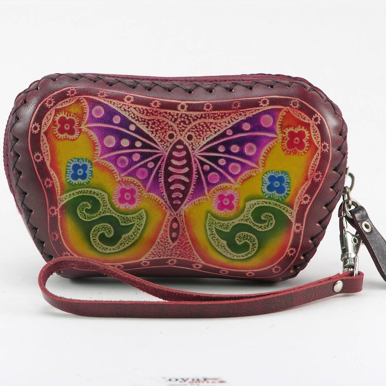 Genuine Handmade Leather Butterfly Wristlet / Coin Purse / Wallet/Painted Small Wallet/Card Holder/ Candy Pouch