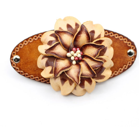 Genuine Handmade Leather Flower Barrette with Stick/Clip