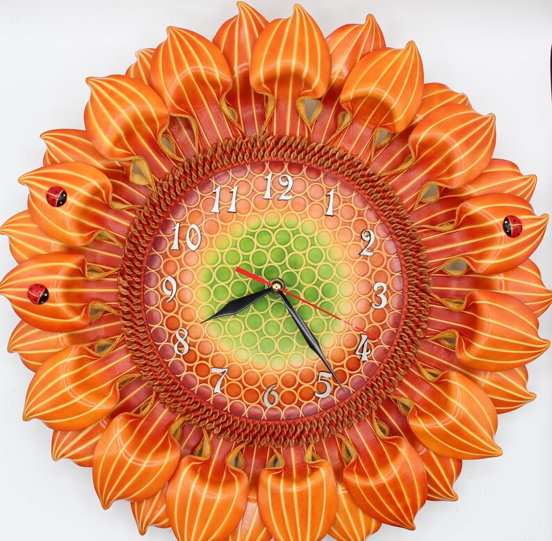 Handmade Sunflower leather wall clock with ladybug design