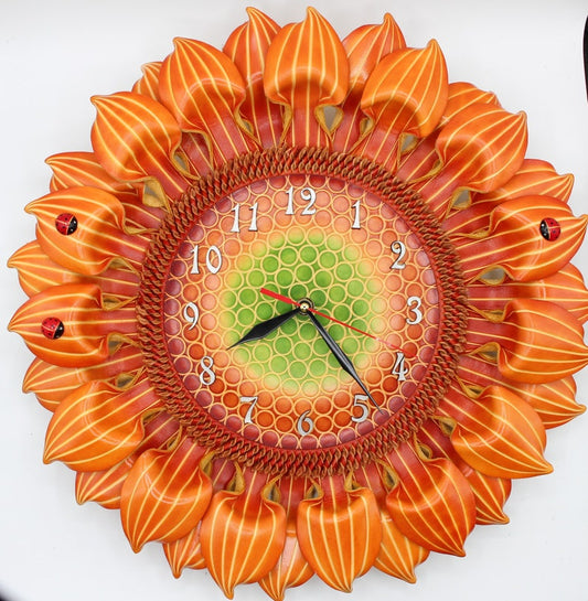 Handmade Sunflower leather wall clock with ladybug design