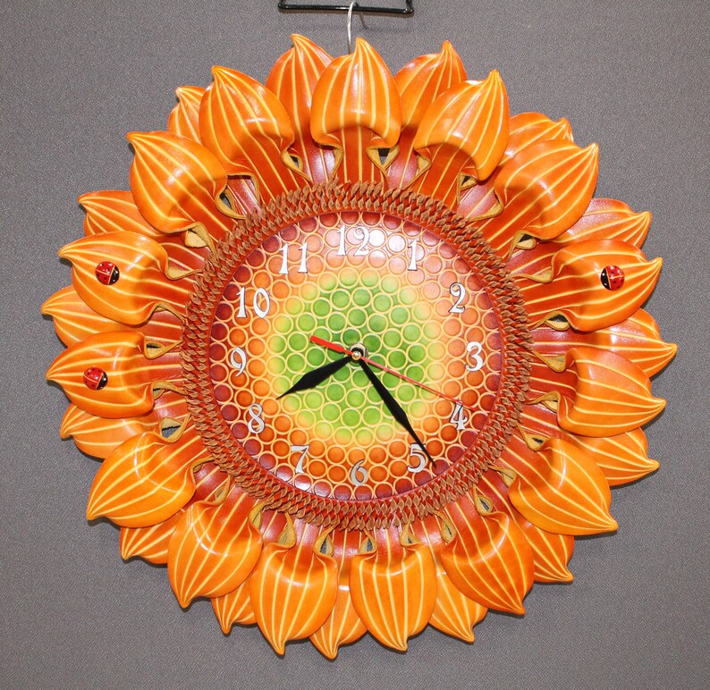 Handmade Sunflower leather wall clock with ladybug design