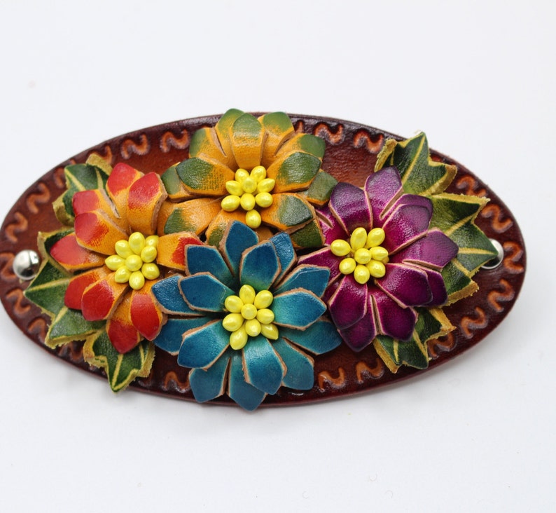 Genuine Handmade Leather Four-Flower Barrette with Stick/Clip