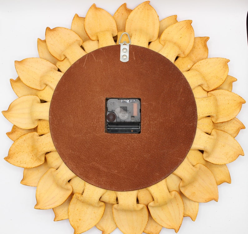 Handmade Sunflower leather wall clock with ladybug design