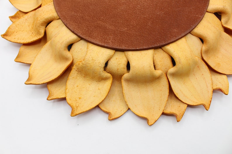 Handmade Sunflower leather wall clock with ladybug design