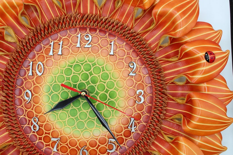 Handmade Sunflower leather wall clock with ladybug design