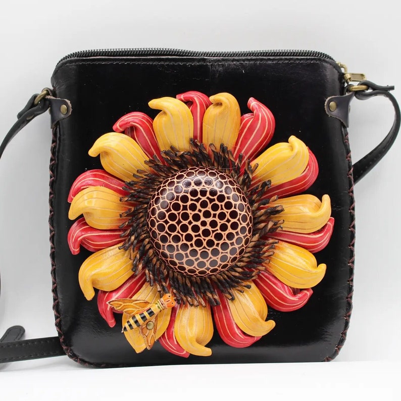 Genuine Handmade Leather 3D Sunflower Crossbody Purse/Pouch