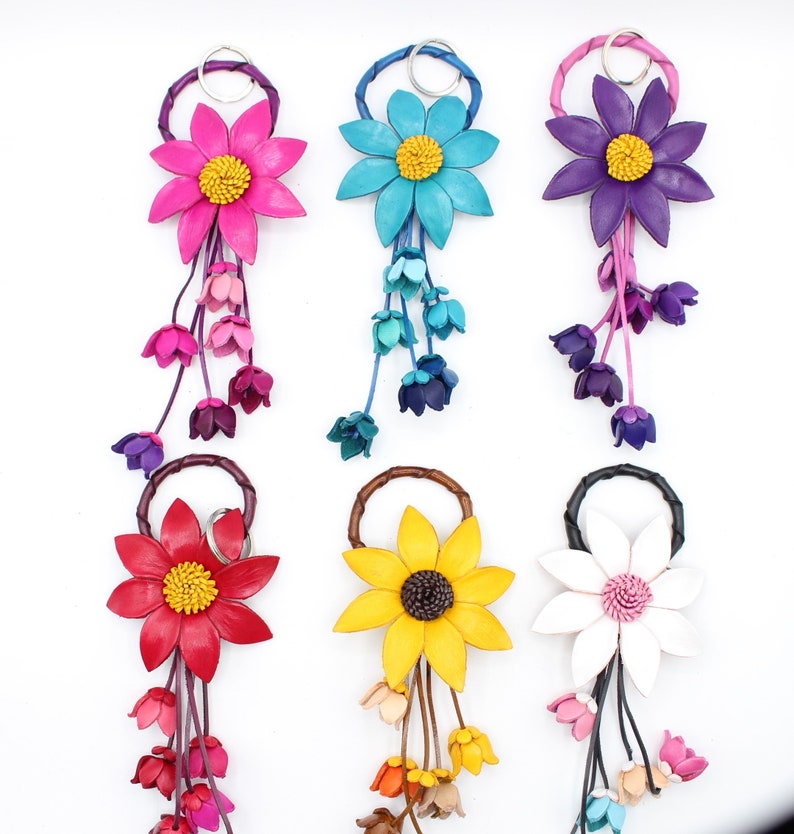 Genuine Handmade Leather Flower Keychain bag charm purse charm handbag charm