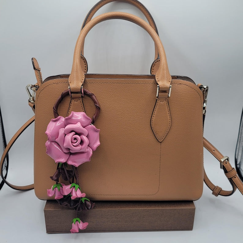 Leather ROSE keychain and purse/ handbag charm /Leather ROSE Flower Keychain bag charm light pink purse charm(Genuine Handmade)