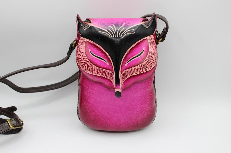 Genuine Handmade Leather Fox Crossbody Bag,Leather Purse,Fox Pattern Purse,Fox Pattern Bag,Animal-Leather Bags, Cartoon Phone Bag, Mini Bag