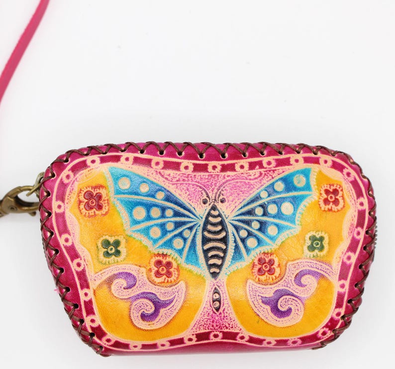 Genuine Handmade Leather Butterfly Wristlet / Coin Purse / Wallet/Painted Small Wallet/Card Holder/ Candy Pouch