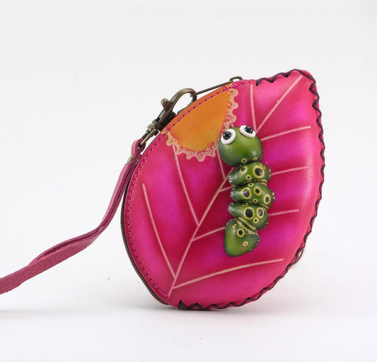 Genuine Handmade Leather Caterpillar on Leaf Coin Purse