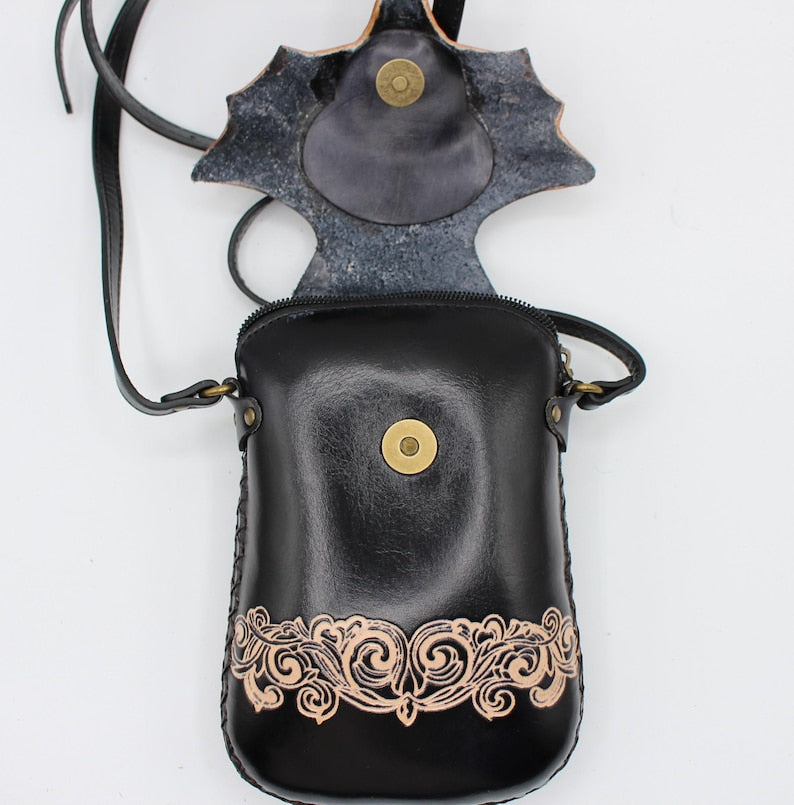 Handmade Genuine Leather Cross body Purse Bat