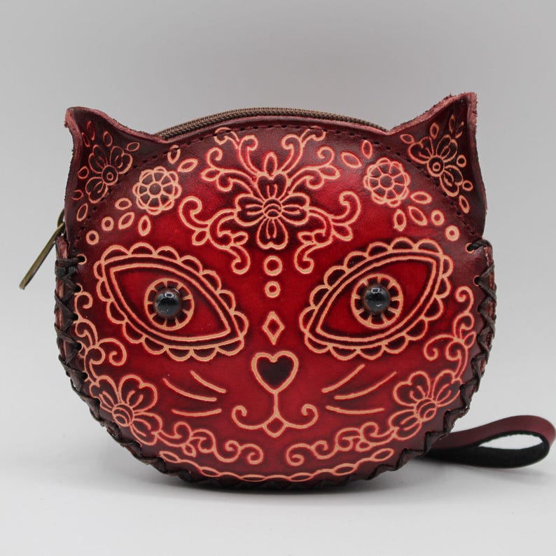 Genuine Handmade Leather Sugar Skull Cat Coin Purse , Coin Bag, Small Wallet, Cartoon Bag, Holiday Gift