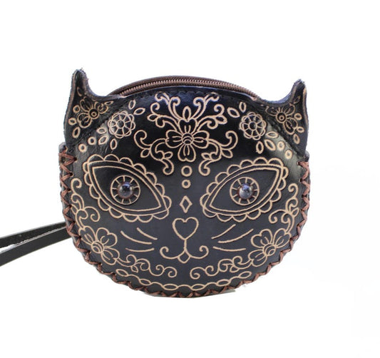 Genuine Handmade Leather Sugar Skull Cat Coin Purse , Coin Bag, Small Wallet, Cartoon Bag, Holiday Gift