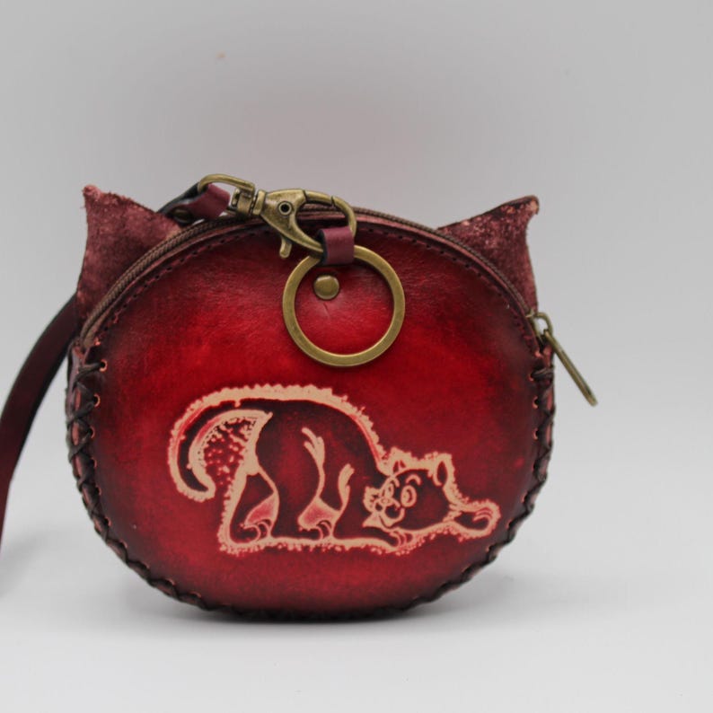 Genuine Handmade Leather Sugar Skull Cat Coin Purse , Coin Bag, Small Wallet, Cartoon Bag, Holiday Gift