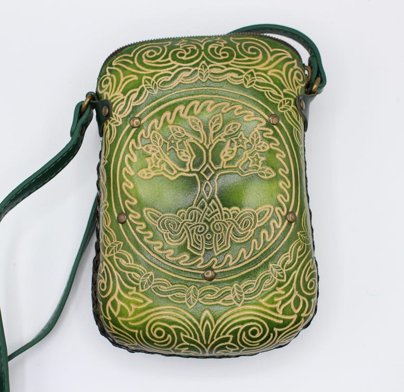 Handmade genuine leather tree of life purse / crossbody bag / shoulder bag / phone pouch / phone bag / mini bag available in multiple colors